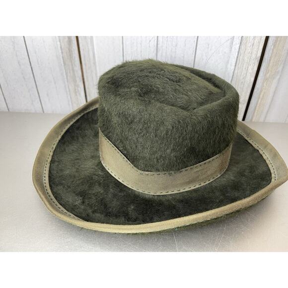 Halston 1970's Green Vintage Women’s Soft Retro Plush Rim Hat 70s Disco Boho - Picture 2 of 5